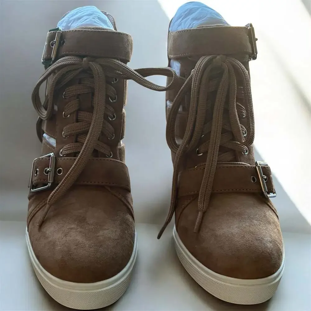 Linea Paolo Fave Tan Kid Suede Cutout Wedge Sneakers-Size 5.5-NWT